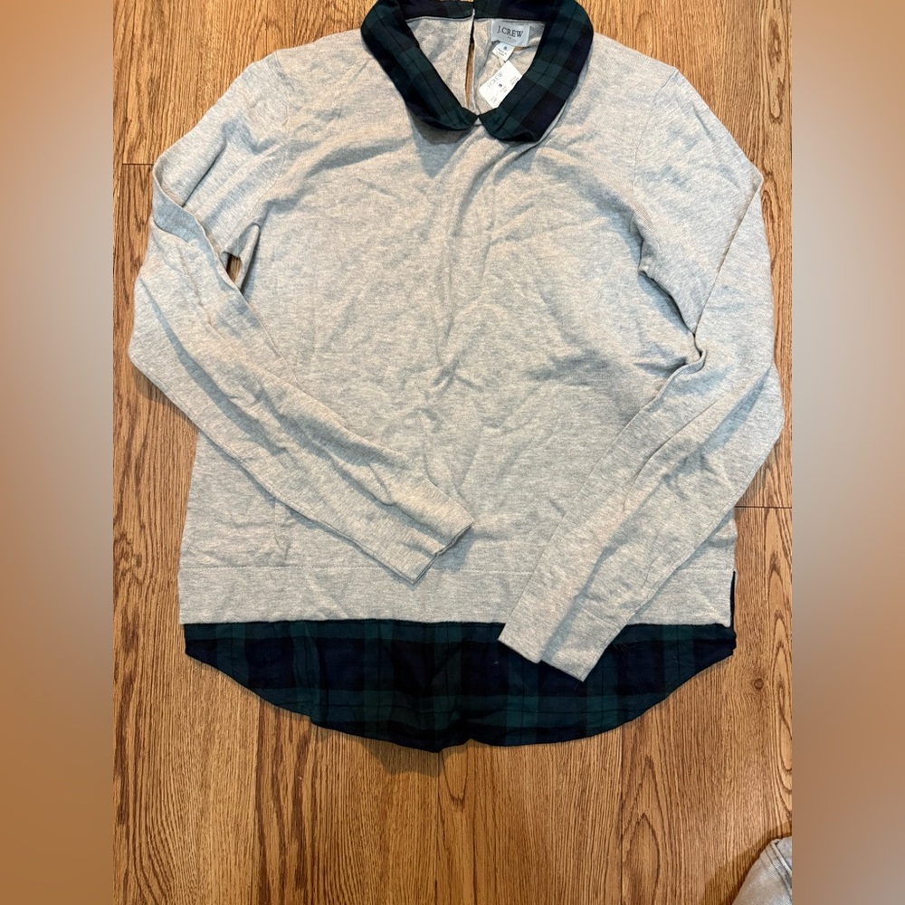 NWT J.Crew Gray Long Sleeve Top w/ Plaid Collar & Hem — Size S